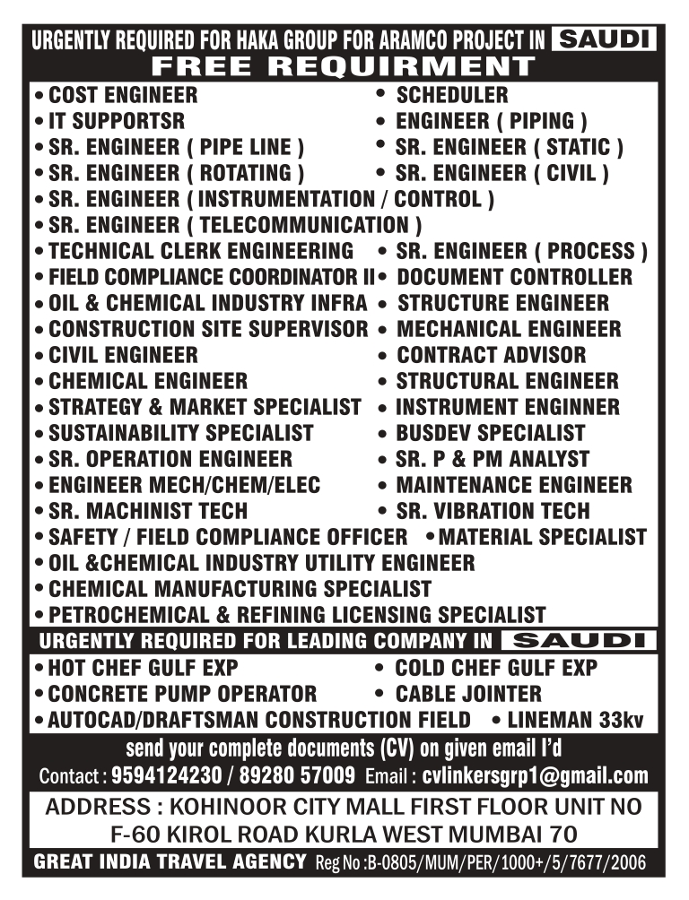 URGENTLY REQUIRED FOR HAKA GROUP FOR ARAMCO PROJECT IN SAUDI